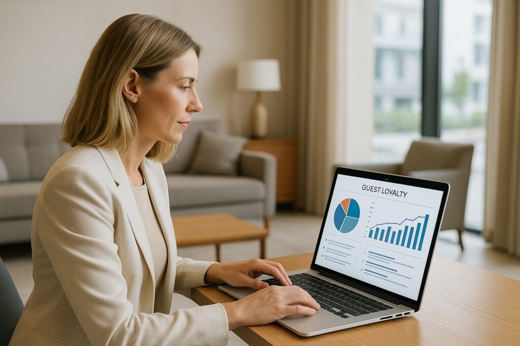Business professional reviewing guest loyalty analytics on laptop - Data-Driven Hospitality Turning Insights into Guest Loyalty