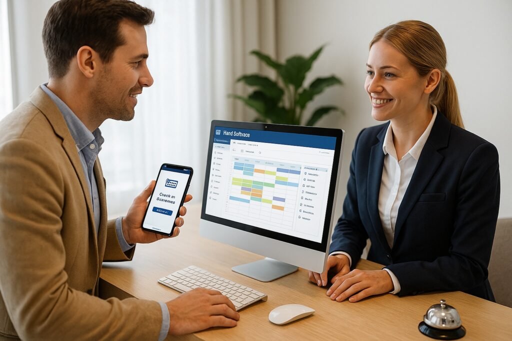 Hotel staff assisting guest using modern hotel management software – How Hotel Software Is Transforming Guest Experiences