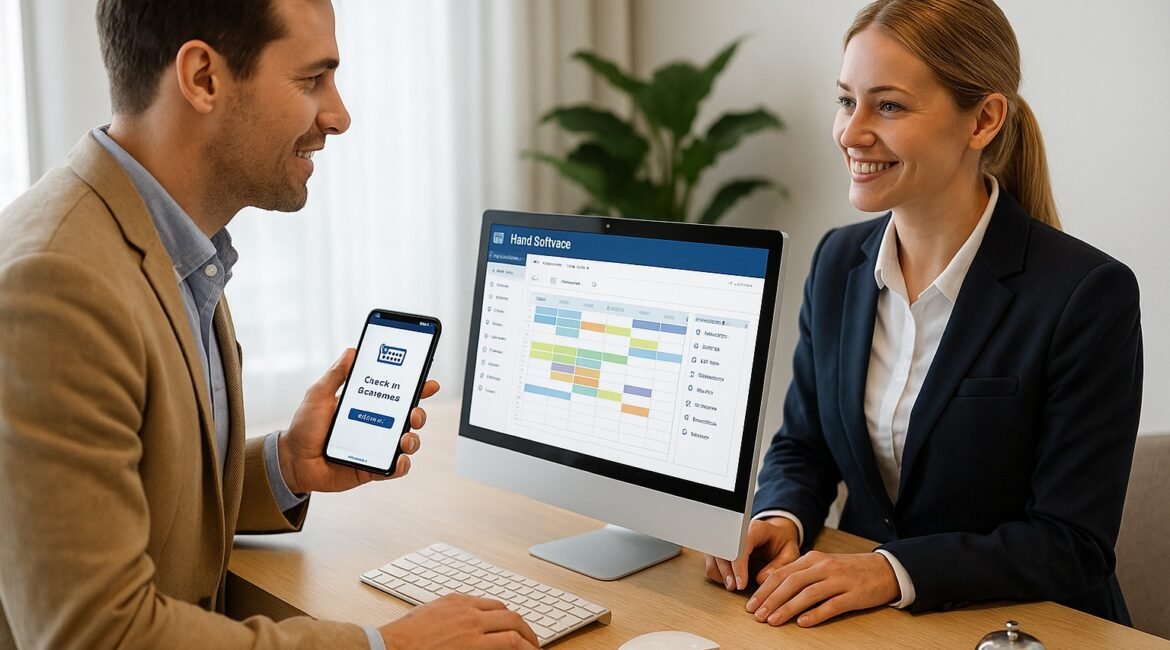Hotel staff assisting guest using modern hotel management software – How Hotel Software Is Transforming Guest Experiences