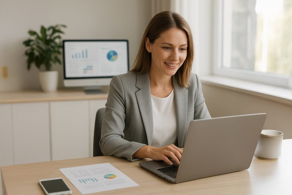 Professional woman analyzing hotel technology data on laptop – Integrations That Power the Modern Hotel Tech Ecosystem