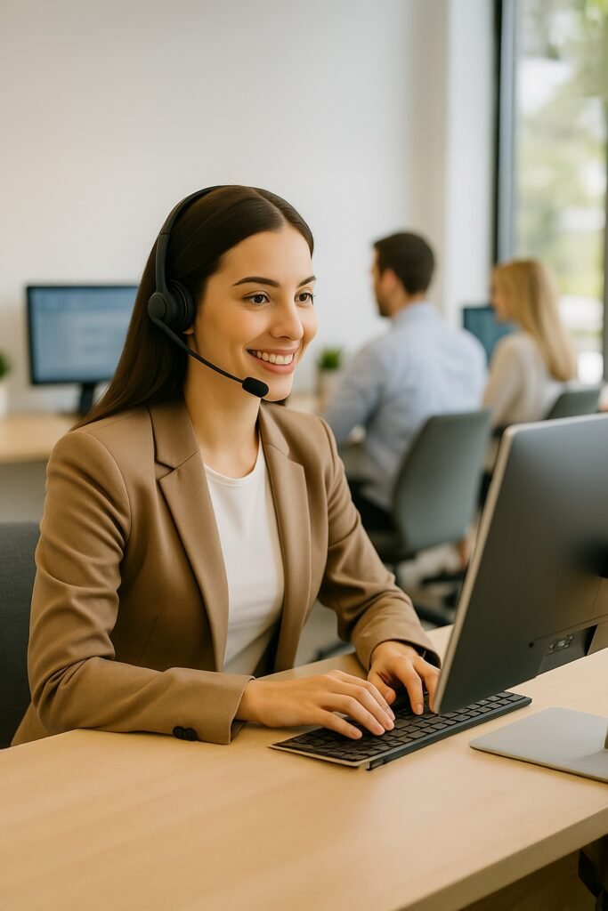 Customer service representative providing support for Hotel Reservation System from a modern office