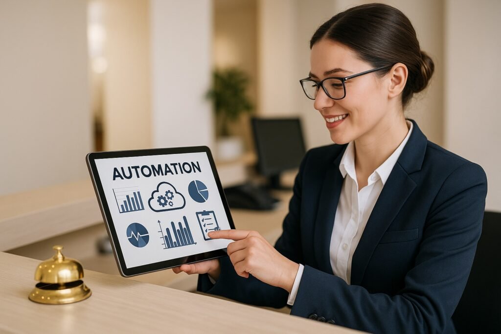 Hotel manager using tablet to analyze automation performance – The Role of Automation in Modern Hotel Operations