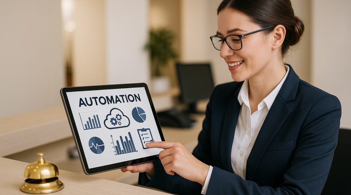 Hotel manager using tablet to analyze automation performance – The Role of Automation in Modern Hotel Operations