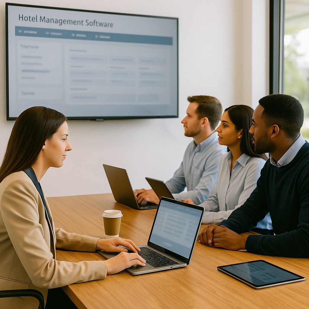 Team presenting Booking Management Solutions by Global Booking US in a modern office meeting